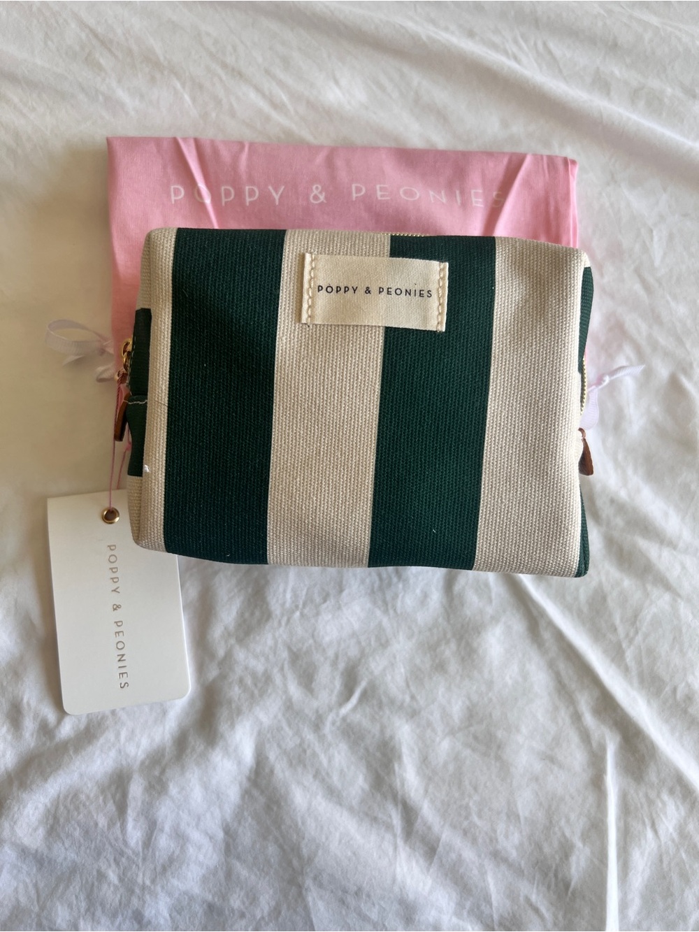 Poppy & Peonies Dark Green and Cream Striped Canvas Cosmetic Case